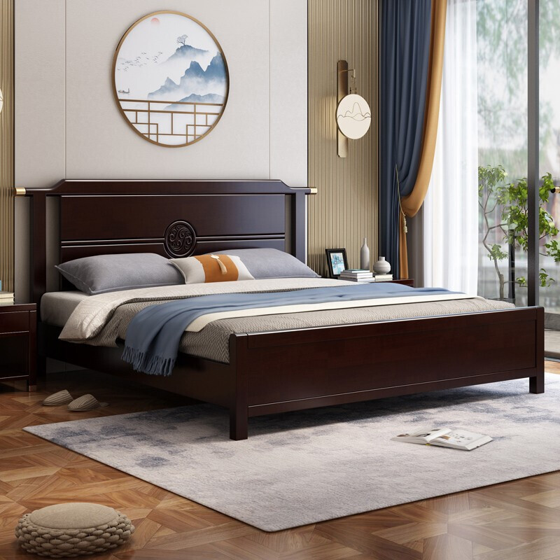 尔迈实木床现代中式卧室双人床18米胡桃色
