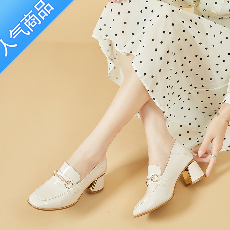 SUNTEK白色乐福鞋女鞋粗跟夏季2023年新款女士春款单鞋高跟鞋漆皮小皮鞋高清大图