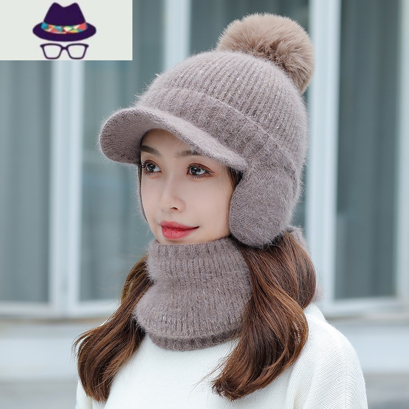 冬季帽子女保暖防寒毛线帽加绒厚防风棉帽圆脸适合东北护耳骑车帽fish