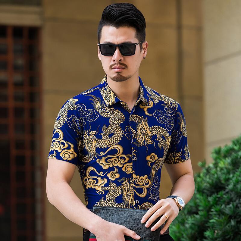 夏季男士短袖花衬衫中年潮流真丝印花衬衣大码宽松桑蚕丝碎花寸衫