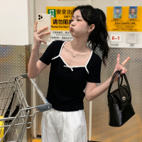 唐狮2023新款设计感白色短款小衫时髦短袖T恤女夏季辣妹紧身体恤x_052577 S C款/黑色