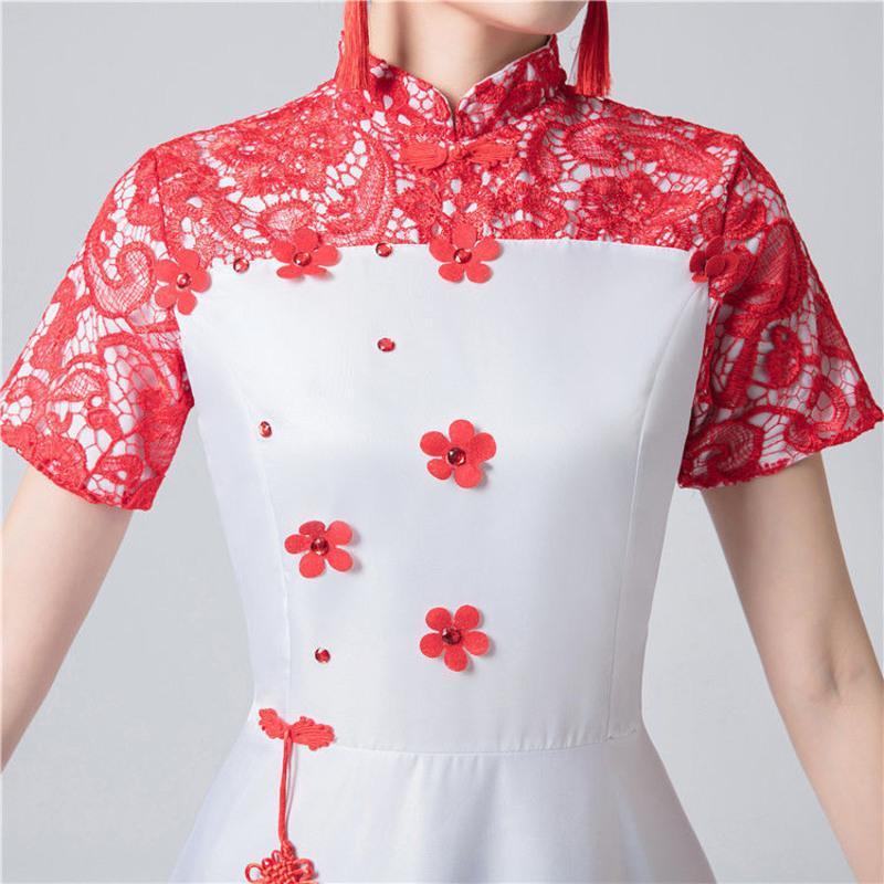 中国风礼服大合唱团演出服女长裙成人中老年学生朗诵古筝表演服 红色长款 S [26码]