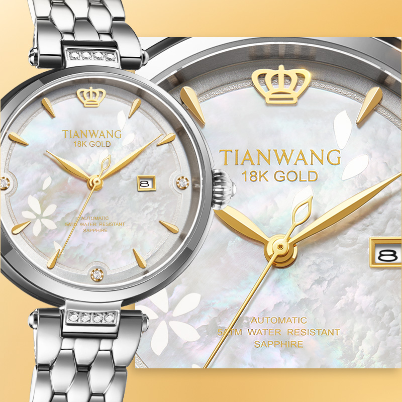 天王表金标送福18K金皇冠logo女表时尚小花瓣机械表钢带腕表51176高清大图