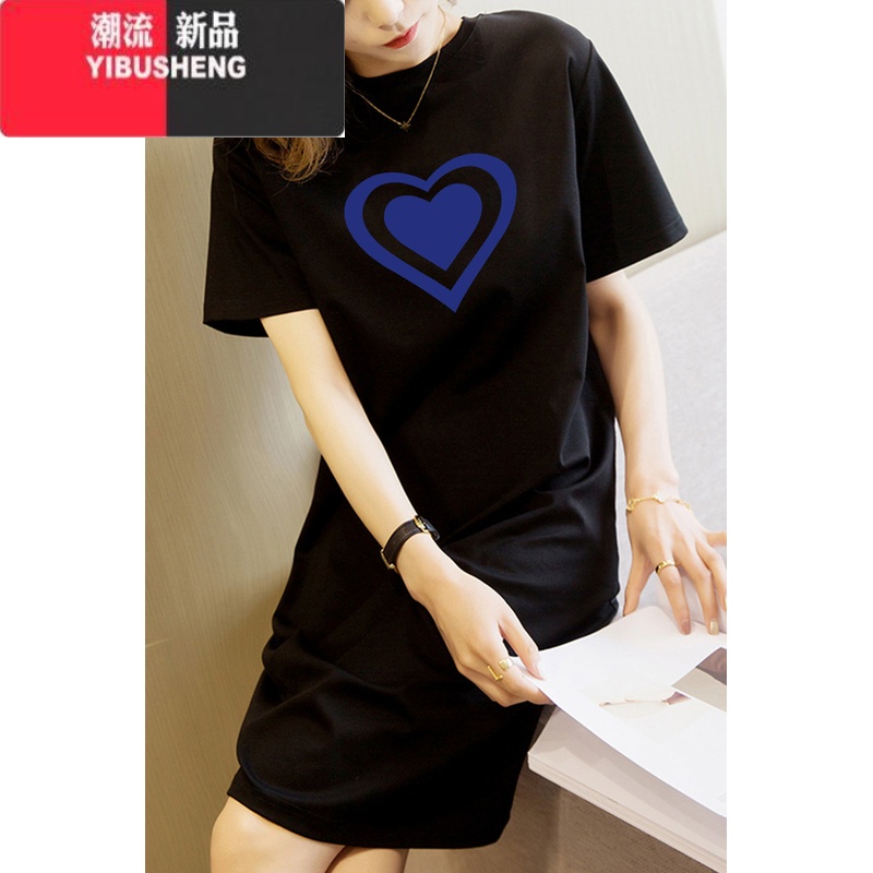 YIBUSHENG女t恤裙2024季中长款复古减龄宽松过膝bf短袖新款时尚连衣裙ins XY558黑色 M
