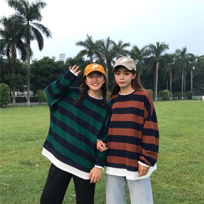 条纹卫衣女2018秋装新款宽松大码木耳领假两件撞色拼接文艺休闲