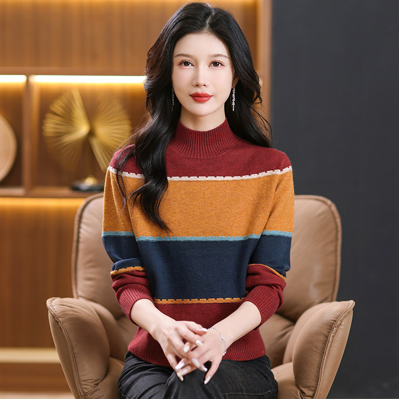 免费试穿 半高领羊绒衫女宽松拼接印花潮流加厚毛衣羊毛衫针织打底衣针织上衣服打底衫春秋内搭大码显瘦洋气打底衫女高清大图