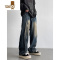 YANXU美式高街拼接牛仔裤男2023新款设计感青年宽松直筒阔腿垂感长裤潮