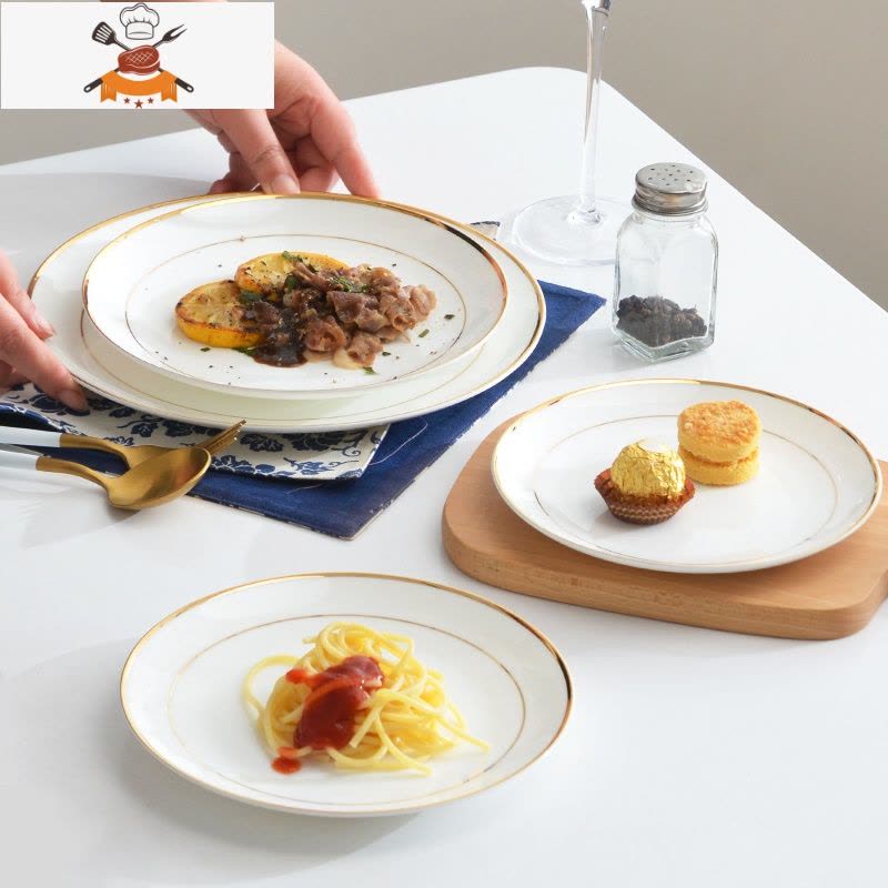 敬平金边牛排盘子家用西餐盘骨瓷圆形大平盘套装欧式餐具早餐盘碟子红图片