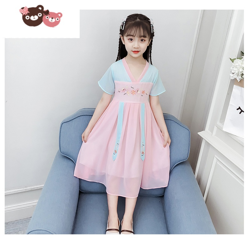 绿彩虹光女童汉服连衣裙夏装2022新款儿童中国风古装夏季短袖洋气公主裙子
