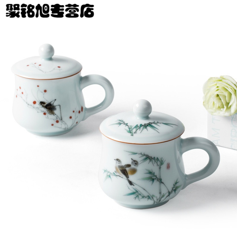 青瓷陶瓷泡茶杯子带盖过滤办公杯 马克杯个人杯喝水杯茶杯瓷杯家用喝水杯子新款创意杯子喝水杯家用陶瓷杯