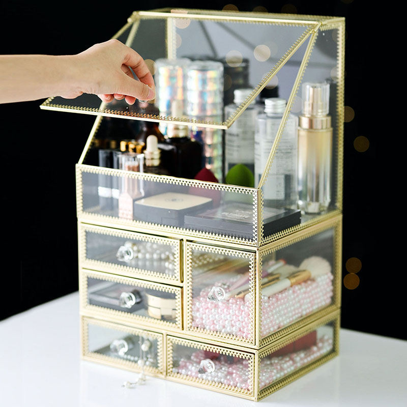 梳妆台玻璃化妆品收纳盒 桌面口红护肤品透明整理盒置物架高清大图