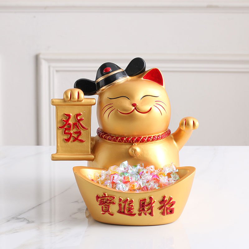 创意猫摆件店铺开业家居客厅桌面钥匙手机几何ins收纳 三维工匠 金+彩盒猫