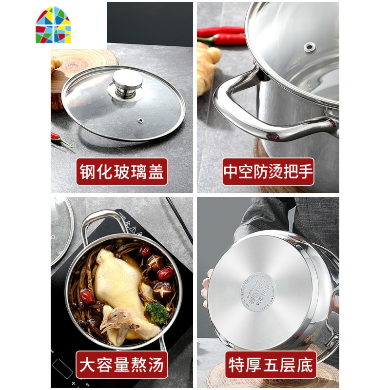 汤锅304不锈钢加厚家用小煮锅蒸煮粥面奶锅燃气电磁炉锅具 FENGHOU 304特厚五层复底24cm