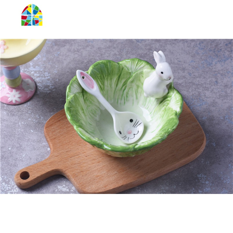 儿童餐具吃饭碗创意陶瓷碗可爱家用沙拉碗个性水果碗白菜兔子碗 FENGHOU 粉色白菜碗(带兔子)
