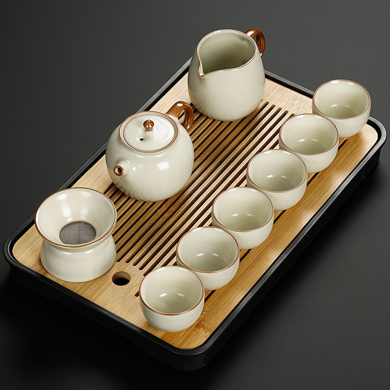 2024新款汝窑功夫茶具套装陶瓷茶壶盖碗茶杯茶盘轻奢高档家用喝茶 汝窑行云正把壶六杯9件套+长方黑茶盘