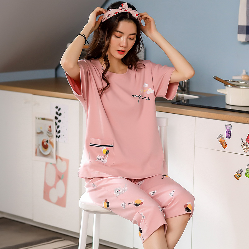 浪莎睡衣女款夏季套装新款夏天纯棉短袖可爱网红休闲家居服可外穿