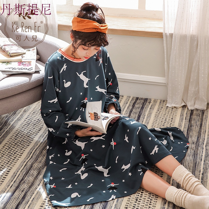 秋冬纯棉女士长袖睡衣可爱卡通印花宽松大码长款睡裙家居服