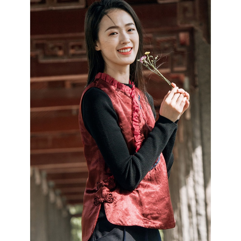 布符秋冬新款文艺拼接纱马甲外套短款中国风女士宽松轻薄坎肩