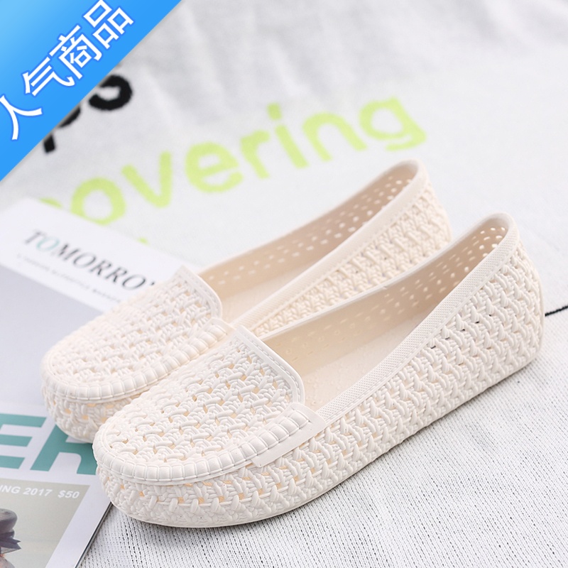 SUNTEK夏季白色塑料凉鞋女护士鞋妈妈鞋软底平底透气工作镂空包头洞洞鞋高清大图