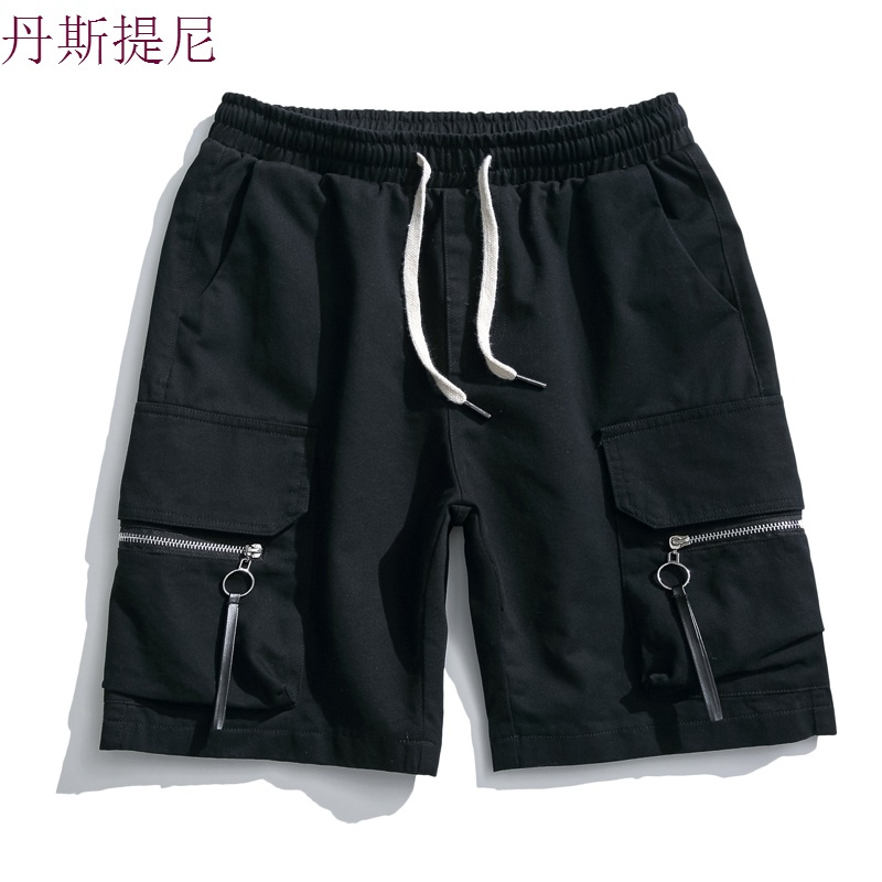 夏季新款日系宽松大码男士松紧工装裤拉链青少年百搭工装裤休闲裤