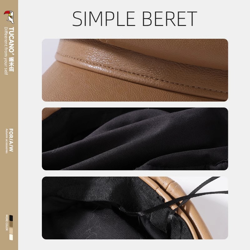 帽子女秋冬显脸小黑色网红皮质八角帽冬季鸭舌英伦报童皮帽贝雷网高清大图