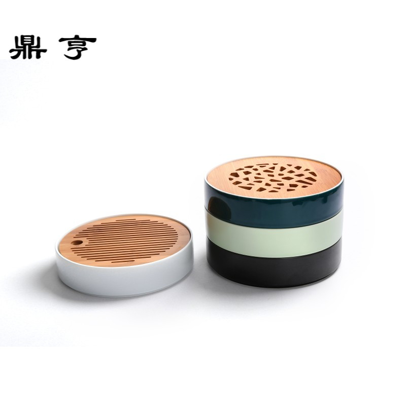 鼎亨陶瓷小号茶盘迷你竹制储水干泡台日式功夫茶具托盘茶台圆形茶
