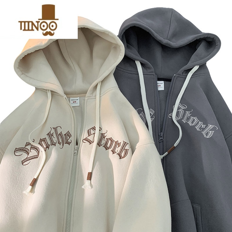 YANXU美式刺绣拉链连帽卫衣男港风宽松休闲外套ins潮秋季情侣运动开衫高清大图