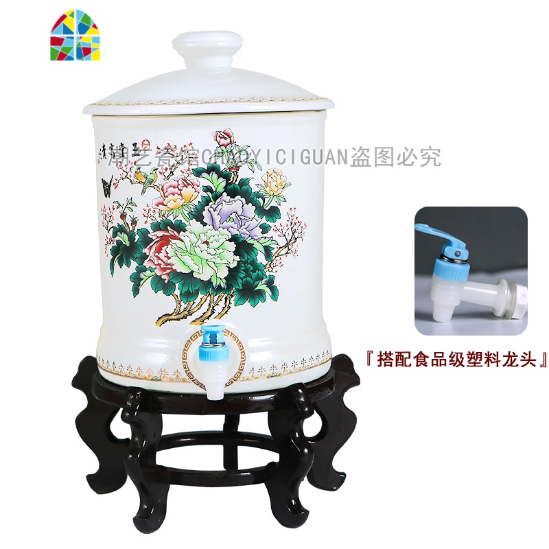 陶瓷冷水壶储水罐带龙头家用泡茶壶大容量储水罐装开水凉水壶耐热 FENGHOU 容量8L[龙头]牡丹一高清大图