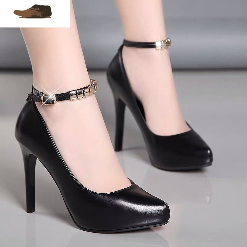 ideamini皮细跟一字带扣高跟鞋女2021新款黑色防水台职业工作上班单
