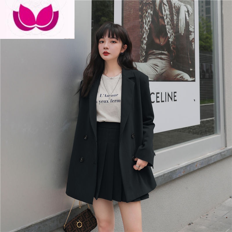 七斓早新款高级设计感小众炸街JK小西装套装女百褶裙套学院风 XS 黑色上衣单外套