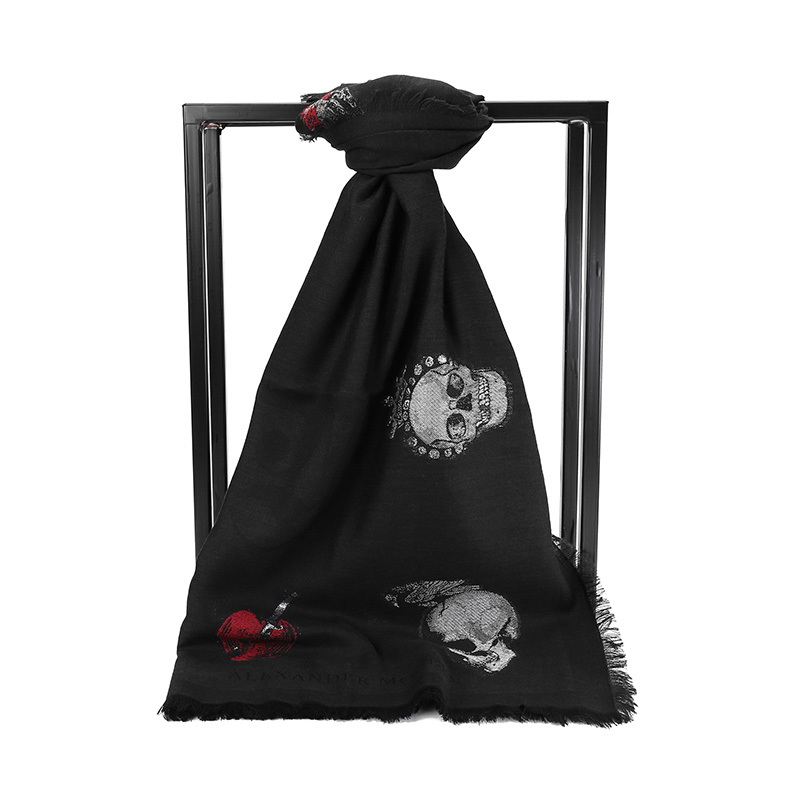 ALEXANDER MCQUEEN 亚历山大.麦昆 男女同款时尚骷髅印花羊毛丝巾围巾5243553A78Q黑色TU