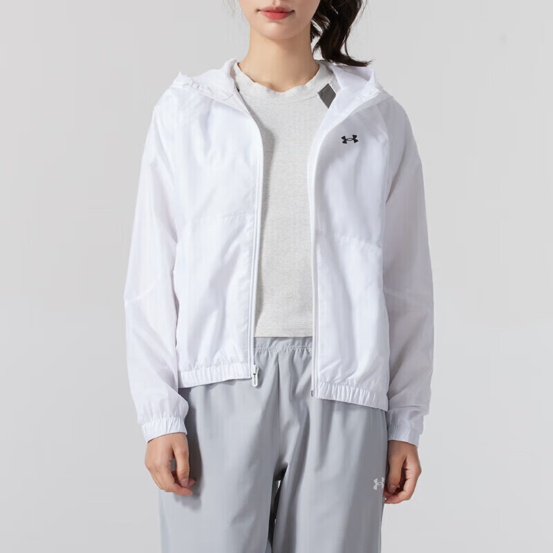 安德玛(Under Armour)外套女装新款运动服梭织连帽透气夹克上衣22500410-100 ZP 1382698-100/白色 L