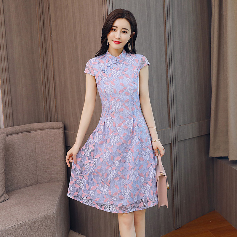 小香风旗袍裙女士夏款新品显瘦蕾丝连衣裙女神洋气绣花中长裙子