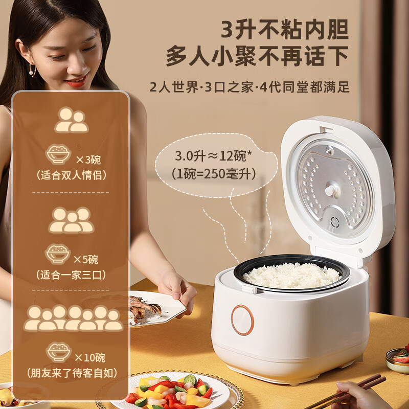LOTOR浣熊电饭煲家用智能小型电饭锅柴火饭多功能米饭锅3升2-4人 白色标准款3L