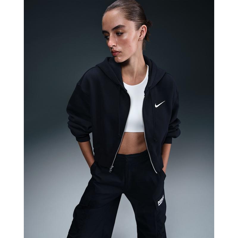 Nike女款宽松连帽抓绒拉链夹克春秋季新款两穿设计时尚运动外套 Black/Sail L