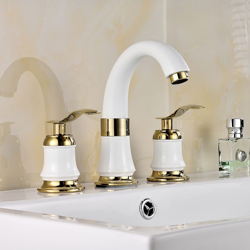 三孔面盆水龙头古达欧式金色三件套分体双把双控冷热水龙头