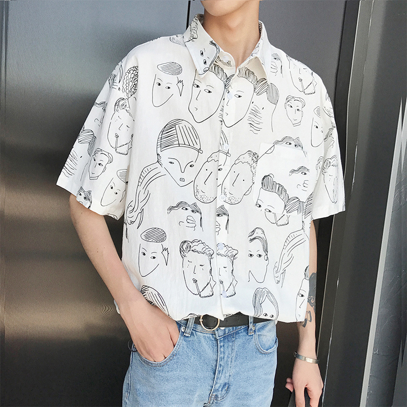 帅气港风休闲印花衬衫男个性百搭薄夏季年轻男士帅气衬衣学生简约
