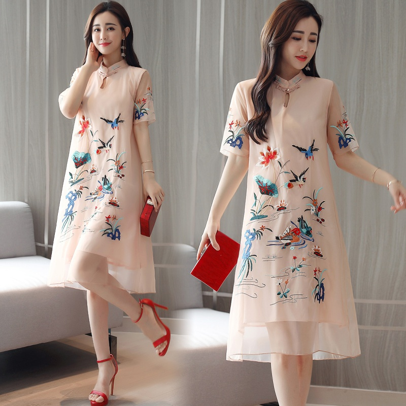 民族风女连衣裙女士新品夏装韩版短袖刺绣复古欧根纱粉色中长裙