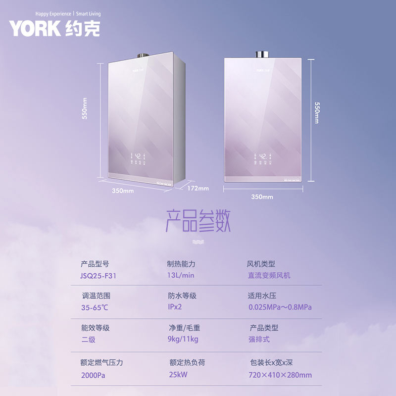 约克(YORK)燃气热水器13升家用强排恒温变频智控节能省气JSQ25-F31高清大图