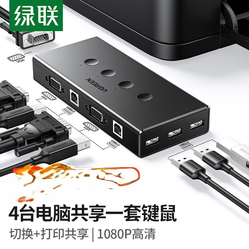 绿联(Ugreen) KVM切换器VGA视频分配器四进一出 KVM-VGA款 [4进1出]50280 4进1出