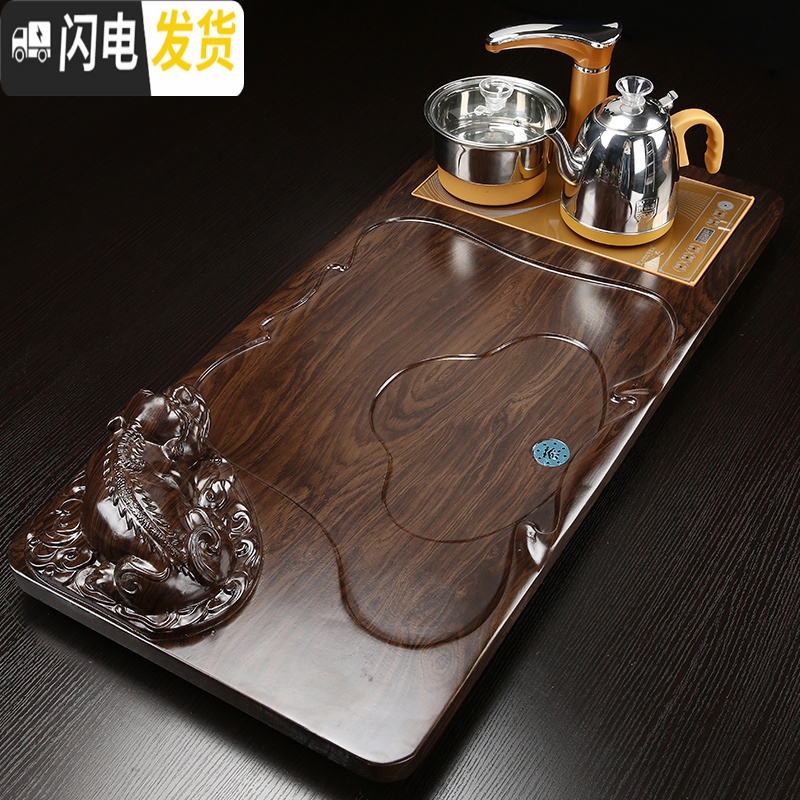 三维工匠陶瓷功夫茶具套装家用简约客厅茶台茶海办公实木茶盘茶杯电热炉B 金色全自动汝窑古典立体龙套装 31件高清大图