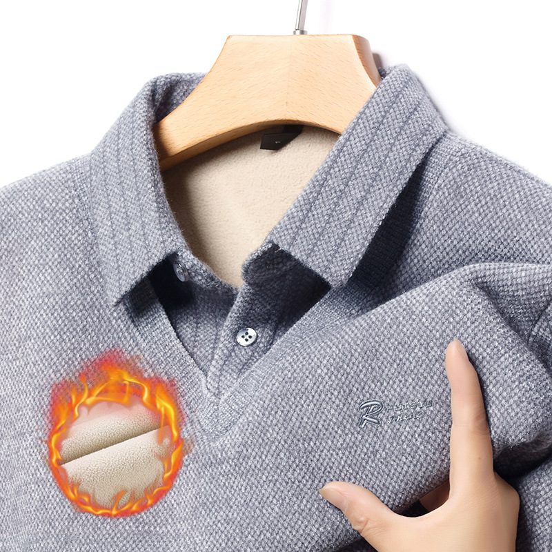 雪貂绒男士假两件毛衣2025冬季新款加绒加厚保暖翻领打底针织衫男高清大图