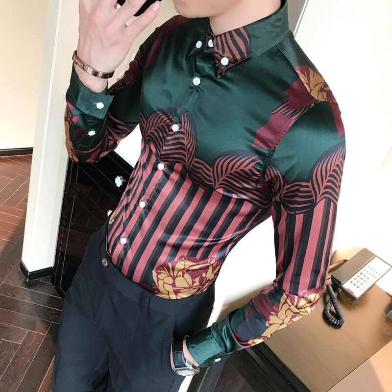 季款韩版型男士修身迷彩印花长袖衬衣型男休闲衬衫打底衫