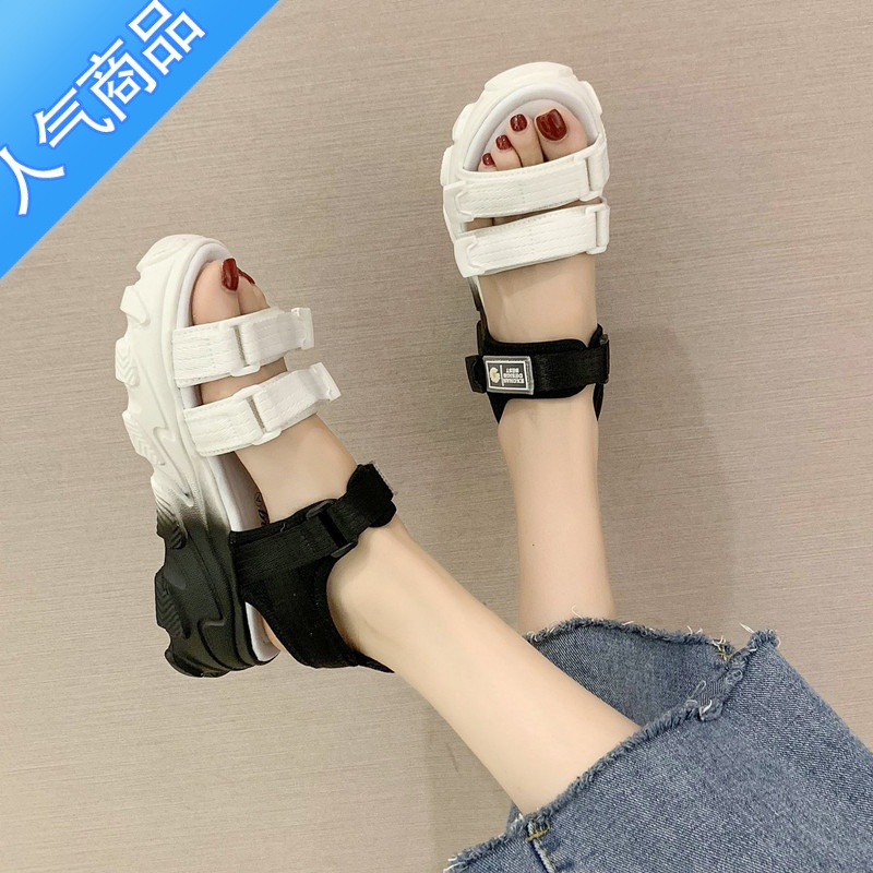SUNTEK运动凉鞋女夏季新款韩版百搭学生魔术贴松糕厚底休闲沙滩鞋ins潮