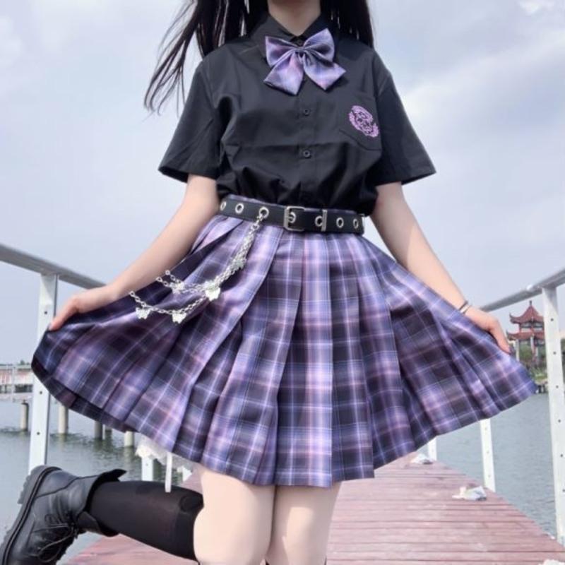 jk制服不良少女百褶裙校服裙子短裙正版原创糖果猫套装学院风12岁 短袖格裙领结腰带链子衣架安全裤发圈 XS 55-75斤
