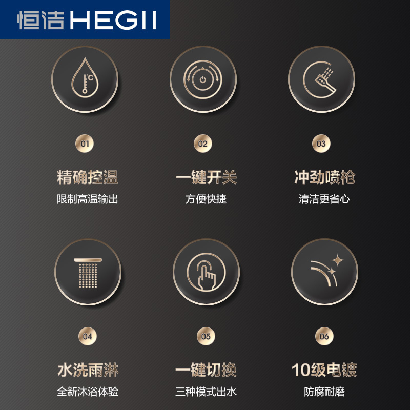 恒洁(HEGII)恒温花洒 一键锁温可升降方形花洒 多功能防烫易洁喷头 手持可调角度加大顶喷淋浴花洒套装918-333