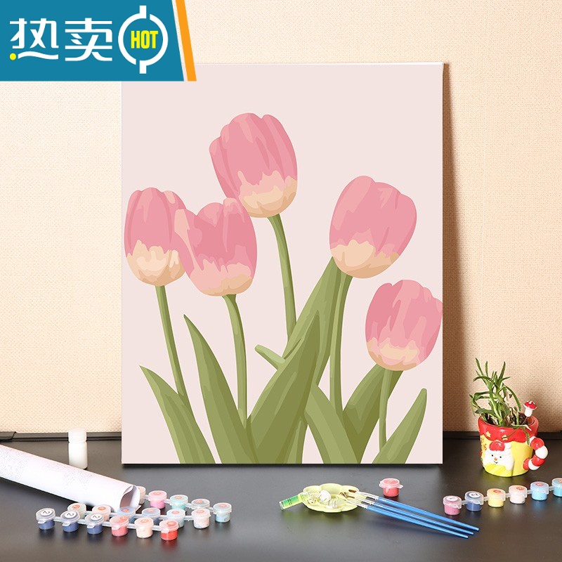 敬平数字油画diy手工填充郁金香花卉客厅卧室装饰画手绘涂色油彩画画装饰画 hy116郁金香花 彩版画布+颜料+画笔+安装配件40*50绷好内框厚内框
