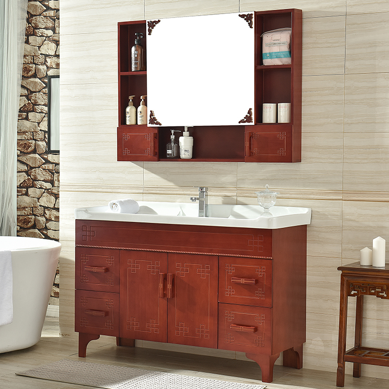 恒妙HengM实木落地浴室柜组合仿古橡木卫浴柜洗脸盆洗手池卫生间柜面盆简约现代台盆柜新中式洗漱柜靠墙式镜柜