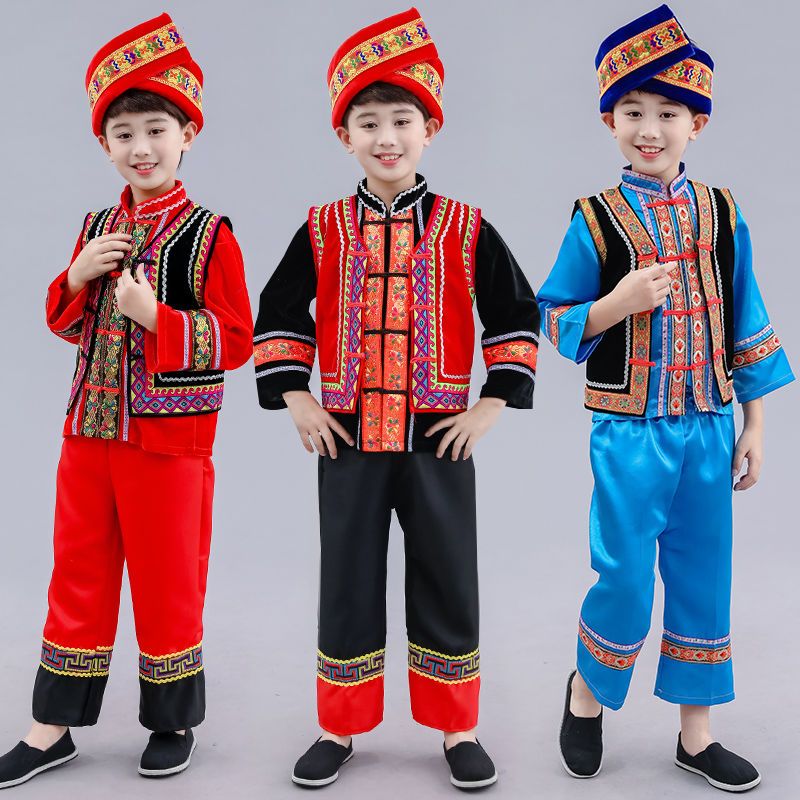 服彝壮族傣族少数民族舞蹈服饰土家族瑶族男女男款红色送头饰100cm