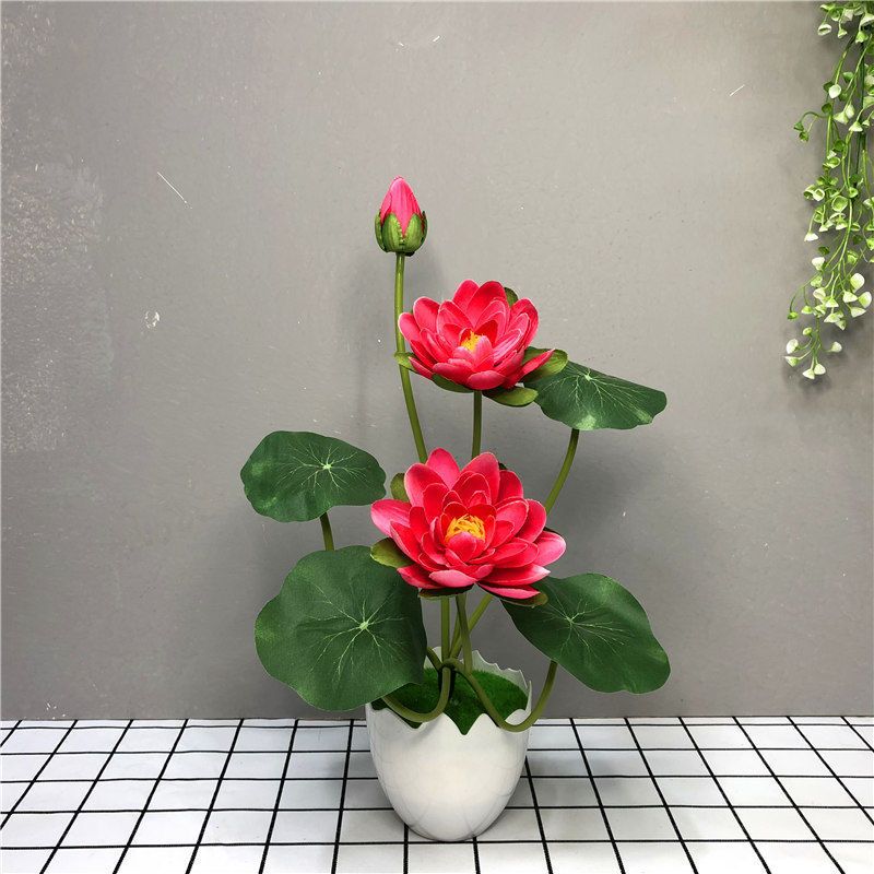 仿真荷花莲花供佛花套装 假荷花塑料假花绢花小盆栽家居装饰摆件 PU荷花粉色一束+塑料盆